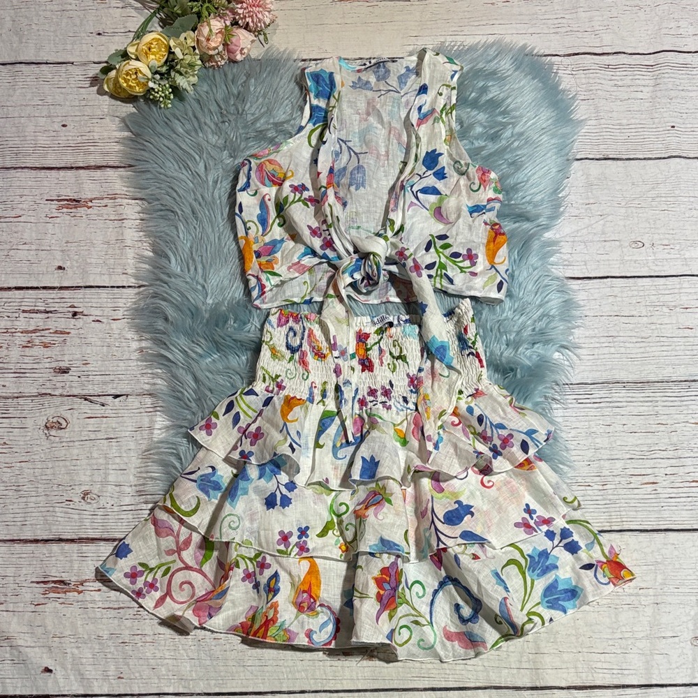 Idillio Positano Linen Floral Skirt Tie Waist Set sz M